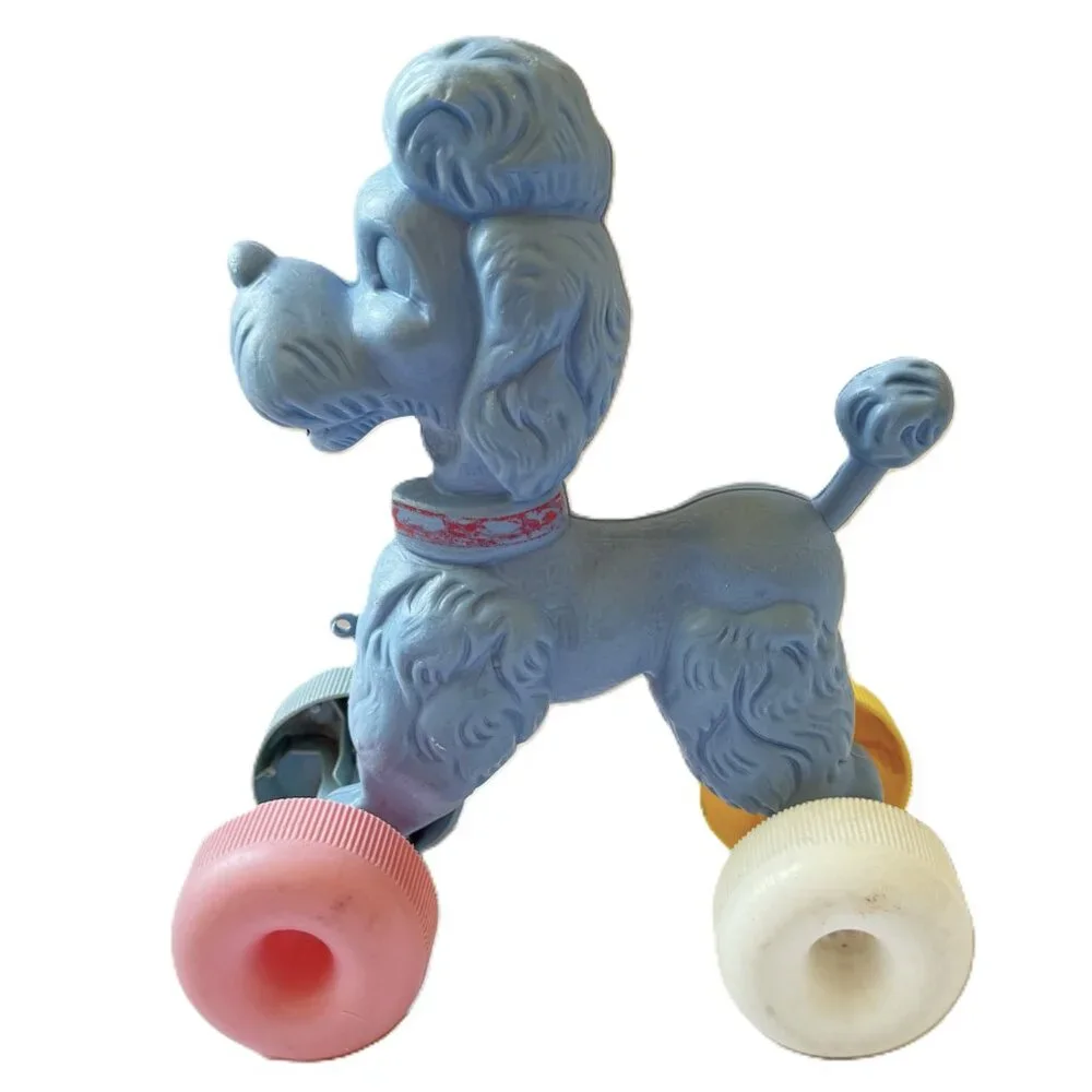 VTG 1950's Blue Poodle Dog Blow Mold Pull Toy Multi-Color Wheels Rare MCM